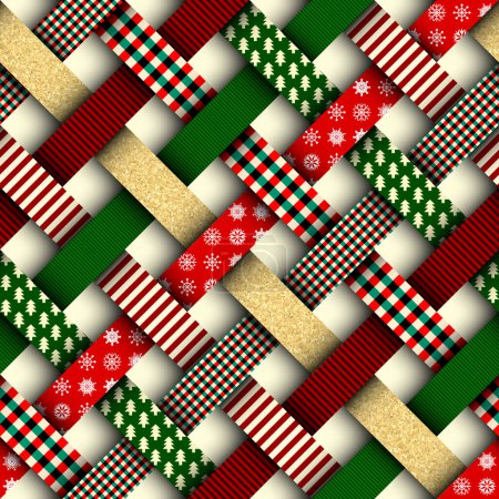 Téléchargez les photos : Fond de Noël sans couture dans le style patchwork. Rubans entrelacés avec motifs de Noël sur fond rouge
. - en image libre de droit