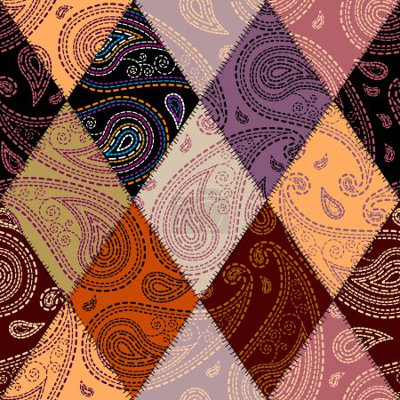 Patrón sin costura paisley bordado ornamental, efecto textura. Patrón de retazos textiles. Ilustración vectorial