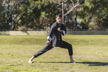 Photo for Young man practicing Kung Fu in the park - Royalty Free Image