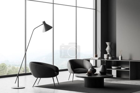 Photo for Dark living room interior with two armchairs and coffee table, side view carpet on grey concrete floor. Shelf with minimalist decoration. Panoramic window on countryside. 3D rendering - Royalty Free Image