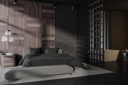 Photo for Black bedroom interior with bed and bench, side view partition and bathing area with accessories. Nightstand with decoration and jalousie on window. 3D rendering - Royalty Free Image