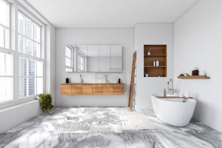 Téléchargez les photos : Vue de face sur salle de bain lumineuse intérieure avec baignoire, murs blancs, fenêtre panoramique, grand miroir, double lavabo, étagères avec vaisselle, carrelage au sol en marbre. Concept de design minimaliste. Rendu 3d - en image libre de droit