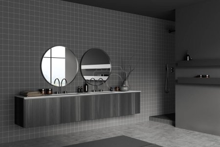 Photo for Dark bathroom interior with double sink and dresser with accessories, side view shower in the corner. Panoramic window on countryside. 3D rendering - Royalty Free Image