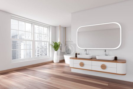 Photo for Corner view on bright bathroom interior with bathtub, panoramic window with city view, mirror, double sink, white walls, houseplant, towel, oak wooden floor. Concept of minimalist design. 3d rendering - Royalty Free Image