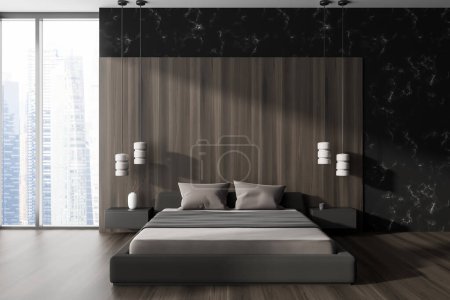 Photo for Front view on dark bedroom interior with bed, panoramic window with Singapore view, bedsides, oak wooden hardwood floor. Concept of minimalist design. Space for chill and relaxation. 3d rendering - Royalty Free Image