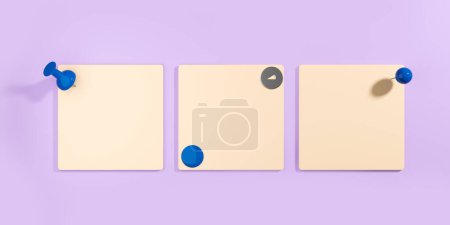 Photo for Three mockup empty square stickers fixed with blue push pins, purple background. Concept of note and reminder. 3D rendering - Royalty Free Image