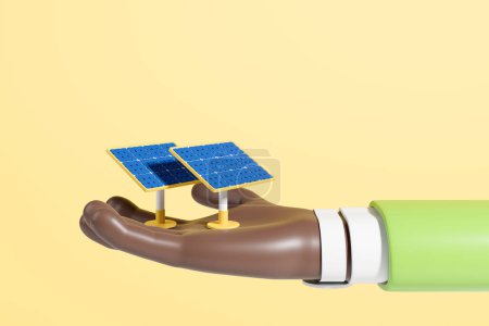 Foto de Mano de dibujos animados africanos sosteniendo dos paneles solares en el espacio de copia vacío fondo amarillo. Concepto de energía alternativa y ecológica. Renderizado 3D - Imagen libre de derechos