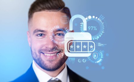 Photo for Smiling handsome businessman wearing formal suit watching at virtual hologram with padlock with pin, pie diagram, shied, globe. Blue background. Concept of data and information security and protection - Royalty Free Image
