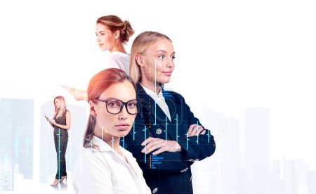 Photo for Businesswomen portrait with confident and smiling look. Double exposure with financial analysis hologram, stock market chart with candlesticks, skyscrapers. Concept of consulting - Royalty Free Image