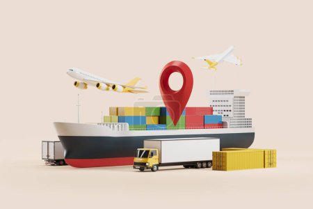 Photo for Global shipping with cargo ship, airplane and trucking service. Tracking, red location pin on beige background. Concept of logistics and delivery. 3D rendering - Royalty Free Image