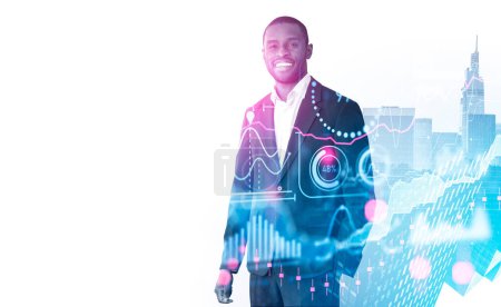 Photo for Black smiling businessman silhouette, hand in pocket. Glowing colorful forex hologram with business data analysis and cityscape, double exposure. Concept of financial consultant. Copy space - Royalty Free Image
