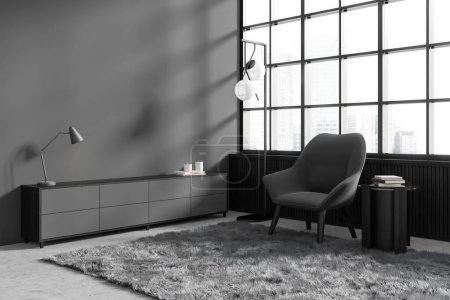 Téléchargez les photos : Vue d'angle sur salon sombre intérieur avec mur gris vide, fauteuil, table basse avec livres, tapis, fenêtre panoramique, placard, sol en béton. Concept de design minimaliste. Rendu 3d - en image libre de droit