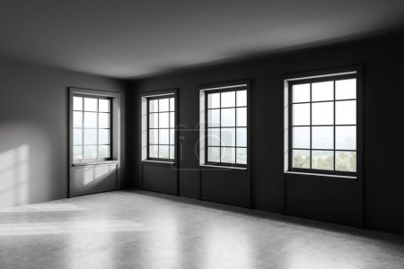 Téléchargez les photos : Vue en angle sur chambre sombre vide intérieur avec fenêtres panoramiques avec vue sur la campagne. Mur gris, sol béton. Concept de lieu spacieux fait pour l'idée créative. Rendu 3d - en image libre de droit