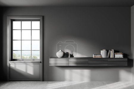 Photo for Front view on dark empty room interior with panoramic window with countryside view. Shelf with books and crockery, grey wall, concrete floor. Concept of spacious place for creative idea. 3d rendering - Royalty Free Image