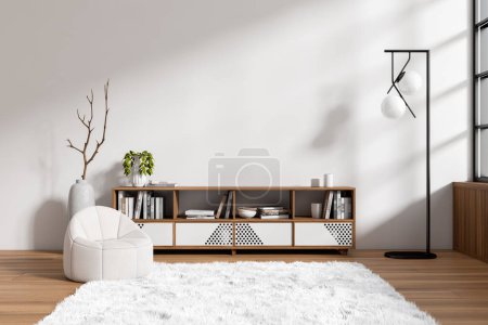 Photo for Front view on bright living room interior with empty white wall, armchair, closet with books, carpet, panoramic window, oak wooden floor. Concept of minimalist design. 3d rendering - Royalty Free Image