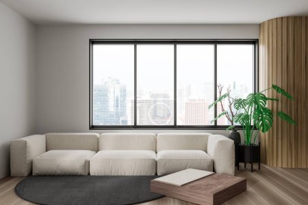 Photo for White living room interior with sofa and coffee table on carpet, hardwood floor. Relaxing corner with panoramic window on skyscrapers. 3D rendering - Royalty Free Image