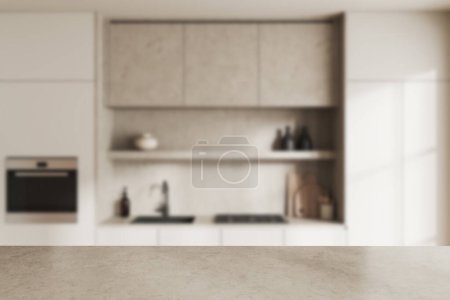 Foto de Vista frontal en el interior de la habitación de la cocina luminosa con buena pantalla para publicidad, pared blanca, fregadero, horno, jabón líquido, inventario de cocina. Concepto de diseño minimalista. renderizado 3d - Imagen libre de derechos