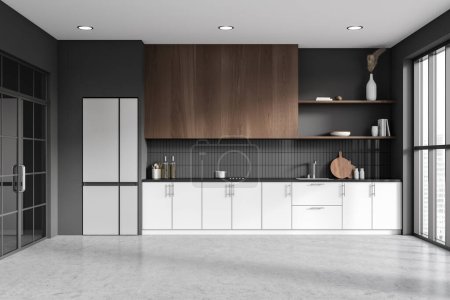 Photo for Black and white kitchen interior with cooking area with kitchenware, grey concrete floor. Shelves, decoration and fridge, glass doors. Panoramic window on skyscrapers. 3D rendering - Royalty Free Image