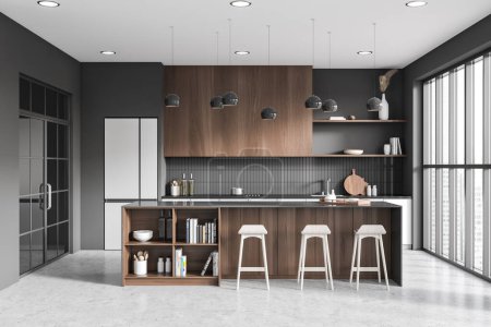 Photo for Front view on dark kitchen room interior with grey tile wall, concrete floor, panoramic window, glass doors, fridge, island with barstools, oil. Concept of minimalist design. 3d rendering - Royalty Free Image