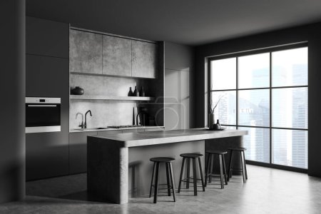 Photo for Corner view on dark kitchen room interior with grey wall, concrete floor, panoramic window with Singapore city view, sink, island with barstools. Concept of minimalist design. 3d rendering - Royalty Free Image