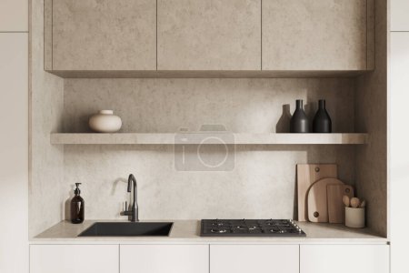 Téléchargez les photos : Intérieur de cuisine en béton léger avec évier et cuisinière, étagère avec vase et ustensiles de cuisine sur le pont. Coin cuisine minimaliste beige en studio. rendu 3D - en image libre de droit