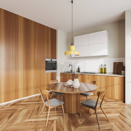 Photo for Wooden kitchen interior with dining table and chairs, side view on hardwood floor. Cooking and eating corner with kitchenware and decoration. Copy space wall. 3D rendering - Royalty Free Image