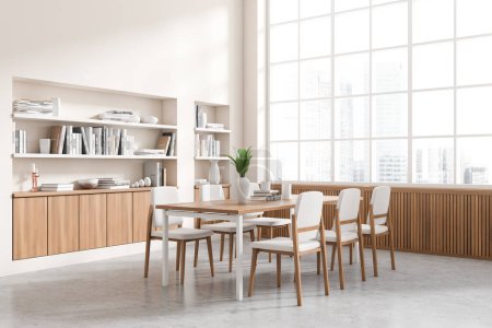 Photo for Corner view on bright dining room interior with dining table, armchairs, panoramic window with skyscrapers view, books on shelf, white wall, concrete floor. Concept of minimalist design. 3d rendering - Royalty Free Image