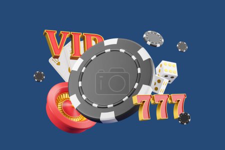 Téléchargez les photos : Casino mock up puce noire vide, 777 jackpot avec cartes de poker, roulette avec dés volant sur fond bleu. Concept de jeu. rendu 3D - en image libre de droit