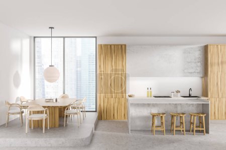 Photo for Front view on bright kitchen and dining room interior with concrete floor, panoramic window, dining table with armchairs, sink, island with barstools. Concept of minimalist design. 3d rendering - Royalty Free Image