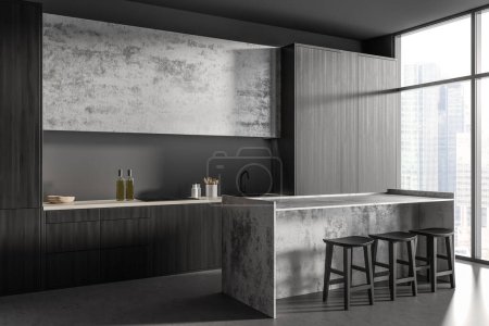 Photo for Corner view on dark kitchen room interior with grey wall, concrete floor, panoramic window with Singapore city view, sink, island with barstools. Concept of minimalist design. 3d rendering - Royalty Free Image