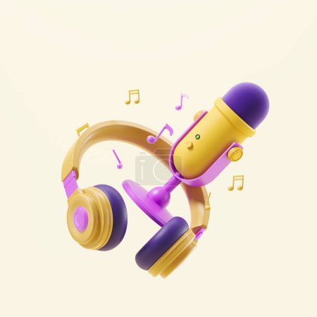 Yellow headphones and microphone for recording, musical notes flying on beige background. Concept of online radio and streaming. 3D rendering