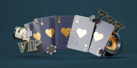 Black royal flush cards with 777 jackpot with cards, chips and roulette wheel on dark background. Concept of poker. 3D rendering