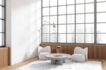 Téléchargez les photos : Vue d'angle sur salon lumineux intérieur avec fauteuils, table basse avec livres, mur blanc, tapis, fenêtre panoramique avec vue sur gratte-ciel, sol en bois. Concept de design minimaliste. Rendu 3d - en image libre de droit