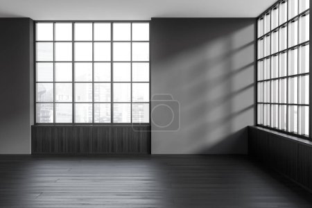 Photo for Dark empty room interior with panoramic windows with Singapore city skyscrapers view. Grey wall, wooden floor. Concept of spacious place in center of megapolis made for creative idea. 3d rendering - Royalty Free Image
