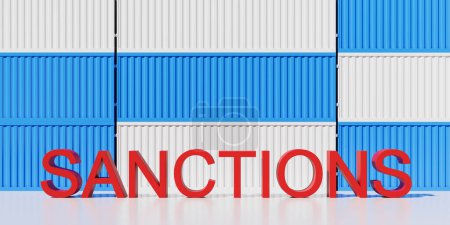 Photo for Sanctions lettering and stack of white and blue cargo container. Concept of restrictions and logistics. Empty copy space. 3D rendering - Royalty Free Image