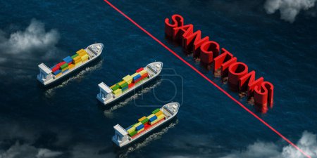 Foto de Vista superior de tres buques de carga con contenedores de colores, línea de restricción roja en el agua. Concepto de embargo y sanciones. Renderizado 3D - Imagen libre de derechos