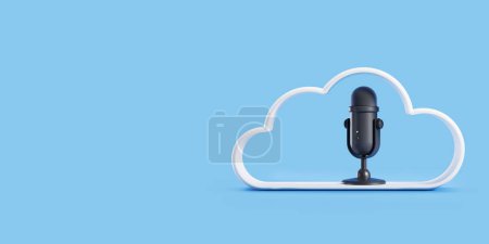 Téléchargez les photos : Microphone et nuage abstrait sur fond bleu vide. Concept de streaming et podcast en ligne. Espace de copie. rendu 3D - en image libre de droit