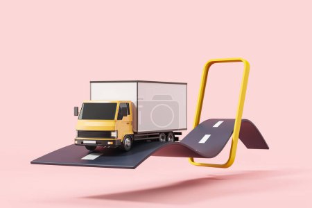 Phone with delivery van on asphalt road, mockup copy space on pink background. Concept of logistics and online tracking. 3D rendering