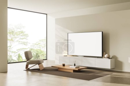 Photo for Modern living room interior with tv on dresser, armchair and coffee table with decoration, side view. Panoramic window on tropics. Mock up blank tv display. 3D rendering - Royalty Free Image