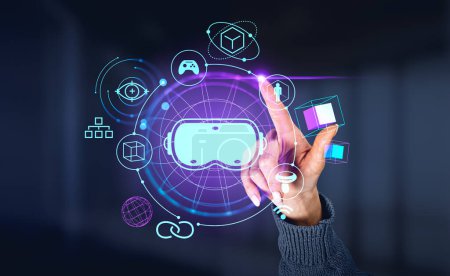 Photo for Woman finger touch metaverse hologram with glowing icons hud, vr glasses and modern accessories. Concept of virtual reality and technology - Royalty Free Image