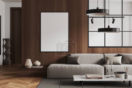 Photo for Front view on bright living room interior with empty white poster, white wall, armchairs, coffee table with books, carpet, cupboard, hardwood floor. Concept of minimalist design. Mock up. 3d rendering - Royalty Free Image