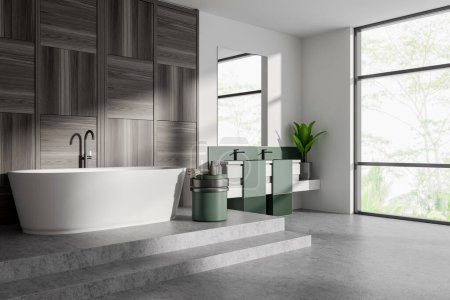 Photo for Corner view on bright bathroom interior with large mirror, bathtub at podium, double sink, panoramic window with countryside view, white walls, concrete floor. Concept of modern design. 3d rendering - Royalty Free Image