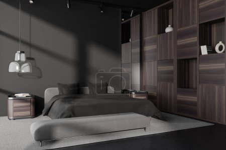 Photo for Corner view on dark bedroom interior with bed, bedsides, cupboard, concrete floor, grey wall. Concept of minimalist design. Space for chill and relaxation. 3d rendering - Royalty Free Image