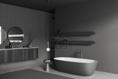 Photo for Corner view on dark bathroom interior with bathtub, shower, grey walls, two round mirrors, double sink, stool with towels, shelves, concrete floor. Concept of modern design. 3d rendering - Royalty Free Image