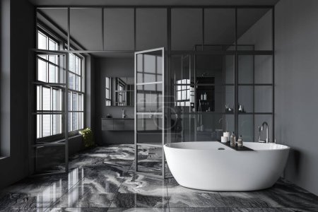 Photo for Front view on dark bathroom interior with bathtub, glass partition, grey walls, panoramic window, large mirror, double sink, shelves, tile marble floor. Concept of minimalist design. 3d rendering - Royalty Free Image