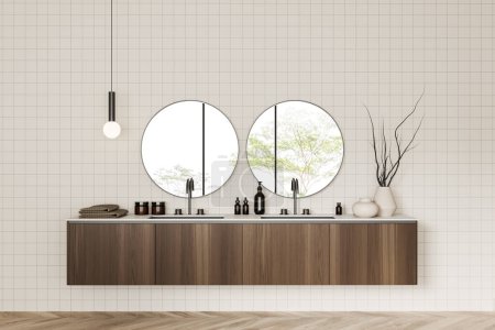 Photo for Beige bathroom interior with double sink and wooden dresser, bath accessories and two round mirrors. Panoramic window on tropics and hardwood floor. 3D rendering - Royalty Free Image