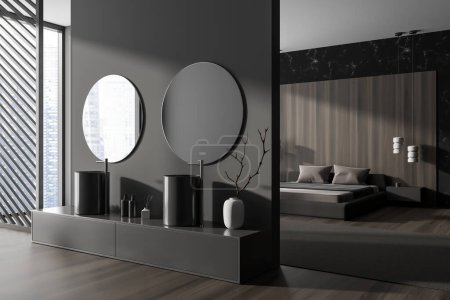 Photo for Corner view on dark studio interior with bed, grey wall, panoramic window with Singapore view, double sink, two round mirror, partition, bedside, wooden floor. Concept of space for chill. 3d rendering - Royalty Free Image