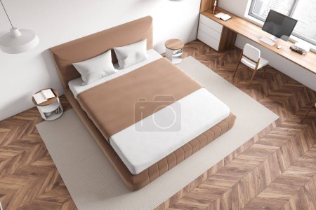 Photo for Top view on bright bedroom interior with bed, computer, desk, chair, window, hardwood floor, white wall. Concept of minimalist design. Space for relaxation and studying. 3d rendering - Royalty Free Image