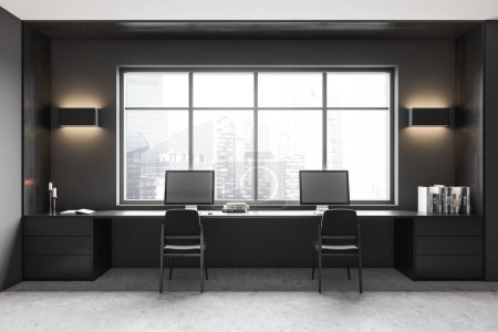 Photo for Front view on dark office room interior with two computers, desk, chairs, panoramic window, concrete floor, grey wall. Concept of minimalist design. Space for teamwork and coworking. 3d rendering - Royalty Free Image
