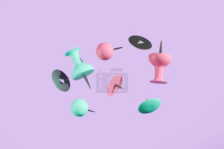 Photo for Green and pink push pins and thumbtack flying on purple background. Concept of office and accessory. 3D rendering - Royalty Free Image